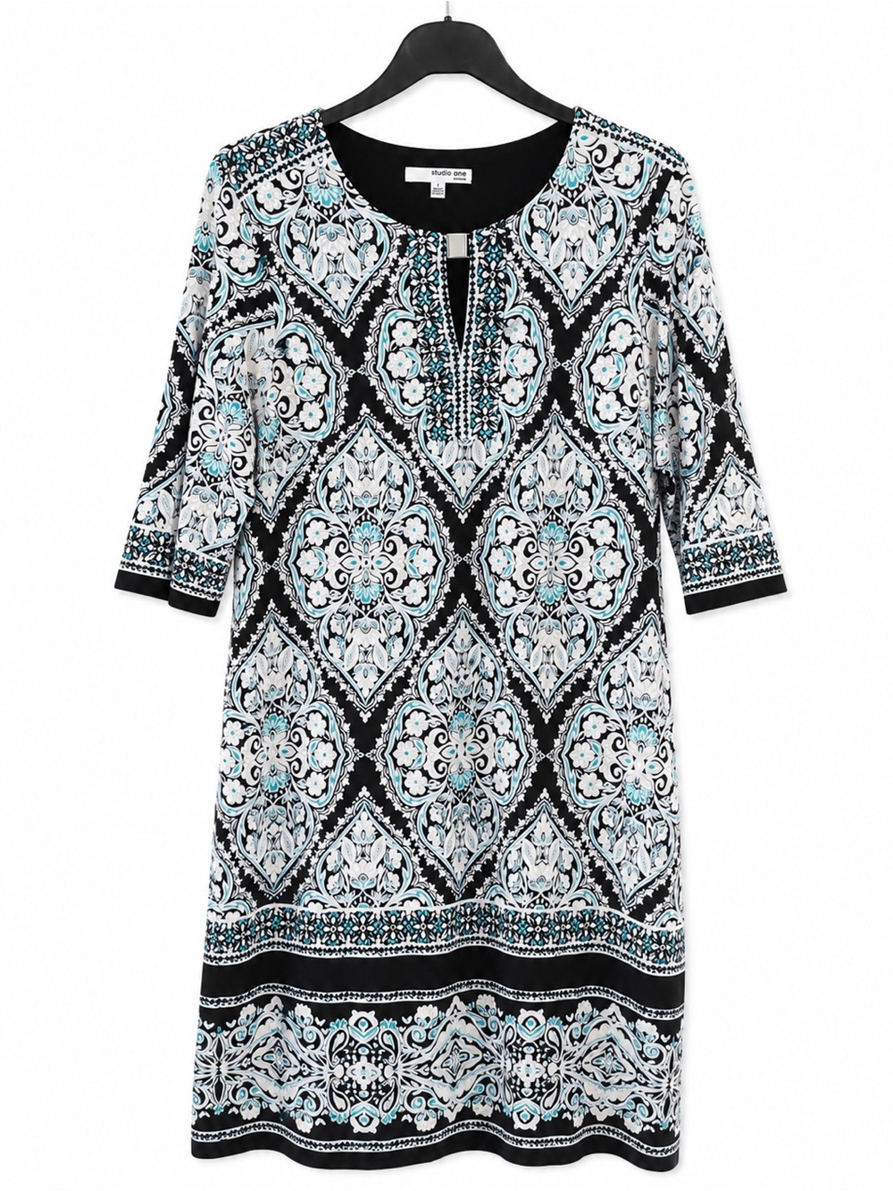 Studio One Black White and Aqua Medallion Tunic Dress